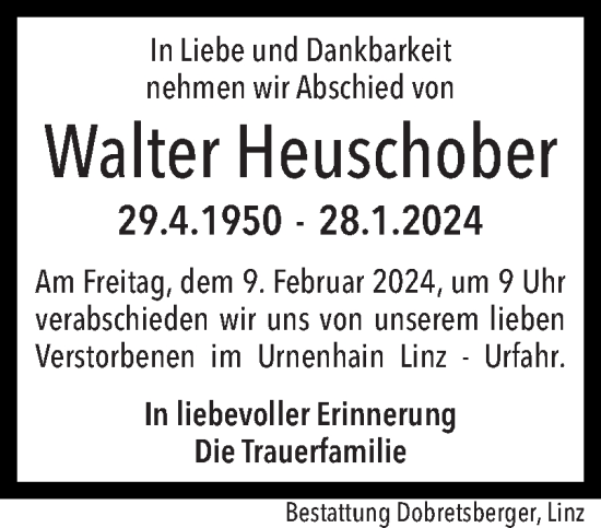 Traueranzeige von Walter Heuschober von OÖNachrichten