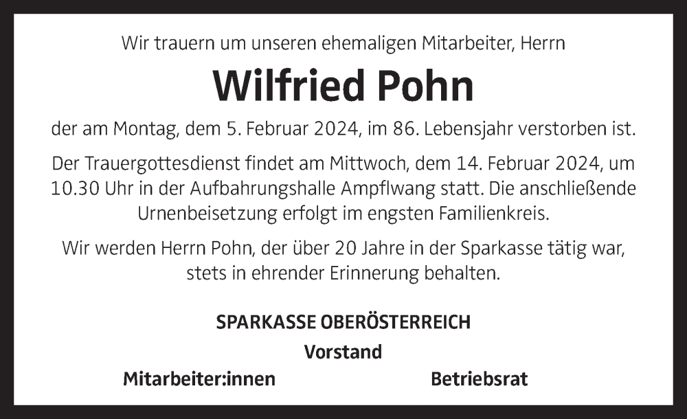  Traueranzeige für Wilfried Pohn vom 12.02.2024 aus OÖNachrichten