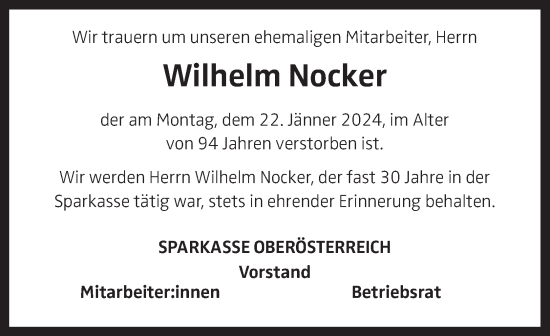 Traueranzeige von Wilhelm Nocker von OÖNachrichten