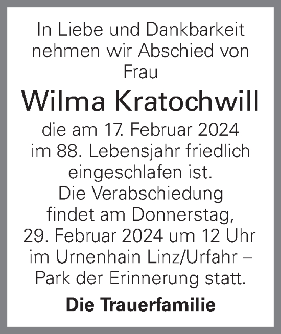 Traueranzeige von Wilma Kratochwill von OÖNachrichten