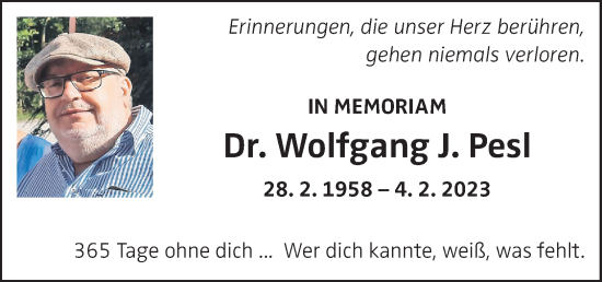 Traueranzeige von Wolfgang J. Pesl von OÖNachrichten