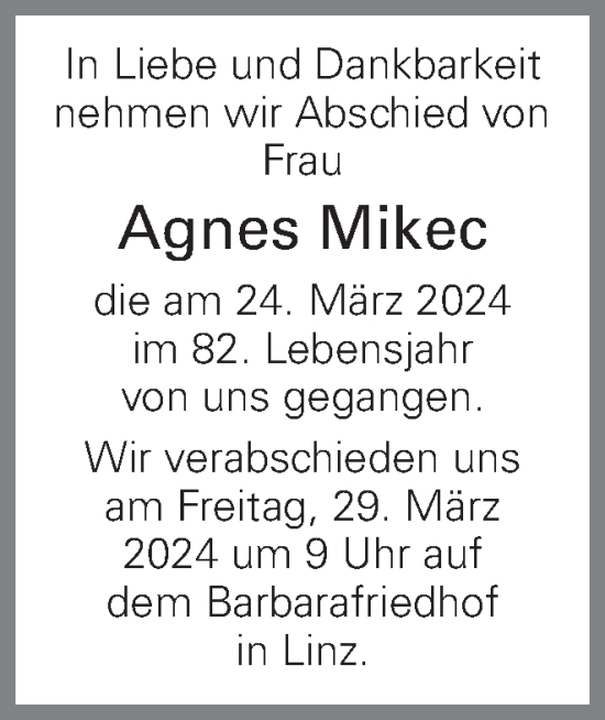 Traueranzeige von Agnes Mikec von OÖNachrichten