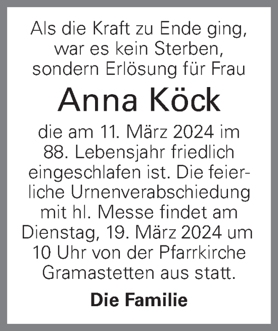 Traueranzeige von Anna Köck von OÖNachrichten