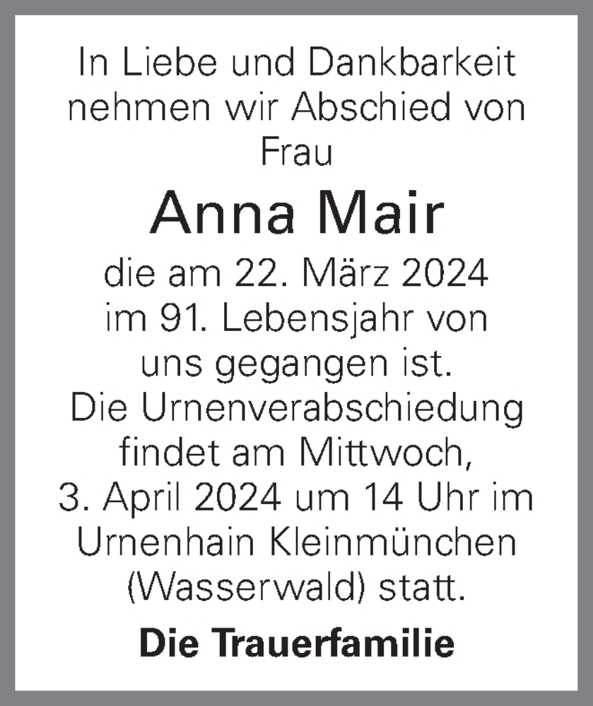  Traueranzeige für Anna Mair vom 29.03.2024 aus OÖNachrichten