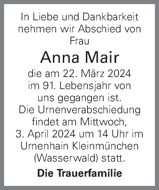 Traueranzeige von Anna Mair von OÖNachrichten