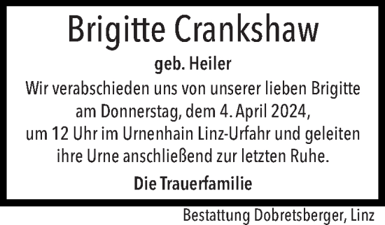 Traueranzeige von Brigitte Crankshaw von OÖNachrichten