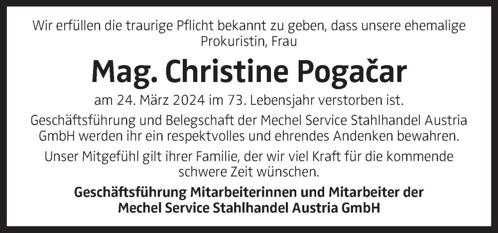  Traueranzeige für Christine Pogacar vom 29.03.2024 aus OÖNachrichten