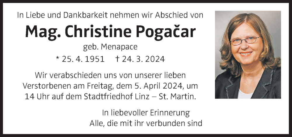  Traueranzeige für Christine Pogacar vom 28.03.2024 aus OÖNachrichten