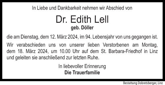 Traueranzeige von Edith Lell von OÖNachrichten