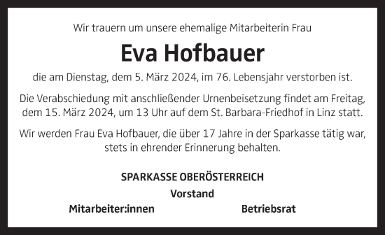 Traueranzeige von Eva Hofbauer von OÖNachrichten