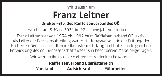 Traueranzeige von Franz Leitner von OÖNachrichten