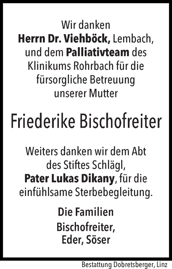 Traueranzeige von Friederike Bischofreiter von OÖNachrichten