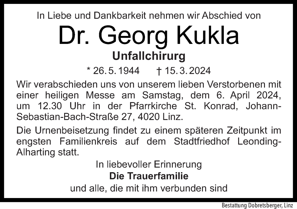  Traueranzeige für Georg Kukla vom 21.03.2024 aus OÖNachrichten