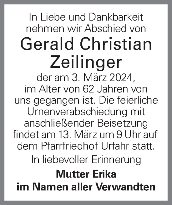 Traueranzeige von Gerald Christian Zeilinger von OÖNachrichten