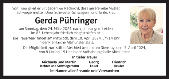 Traueranzeige von Gerda Pühringer von OÖNachrichten