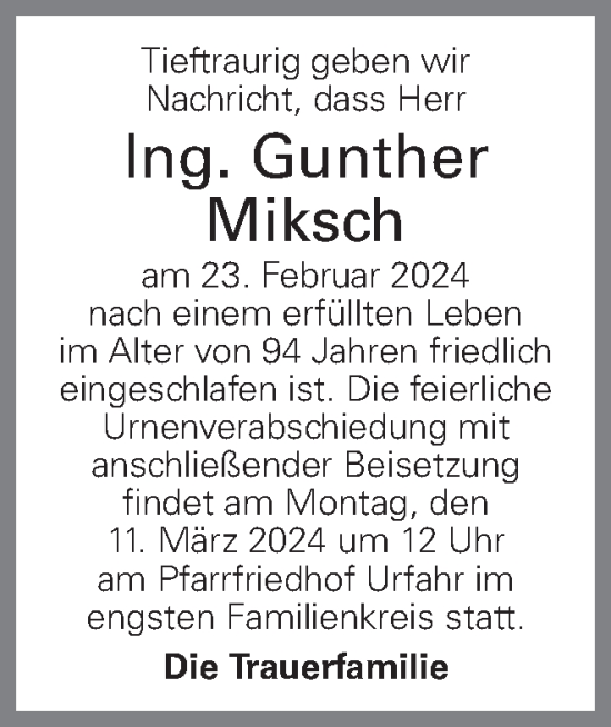 Traueranzeige von Gunther Miksch von OÖNachrichten