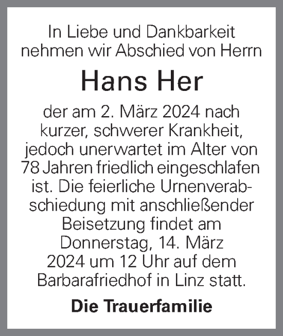 Traueranzeige von Hans Her von OÖNachrichten