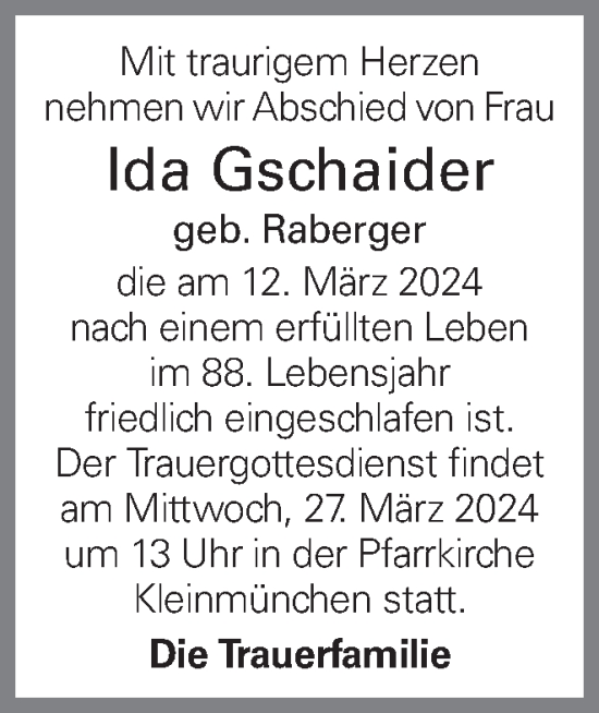 Traueranzeige von Ida Gschaider von OÖNachrichten