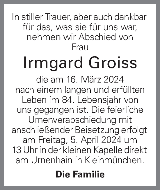 Traueranzeige von Irmgard Groiss von OÖNachrichten