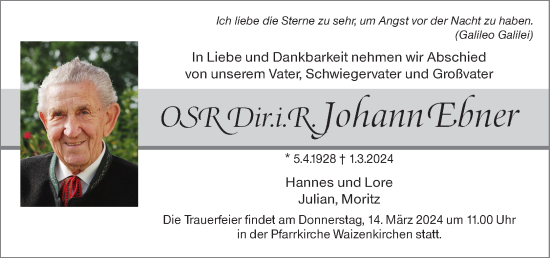 Traueranzeige von Johann Ebner von OÖNachrichten