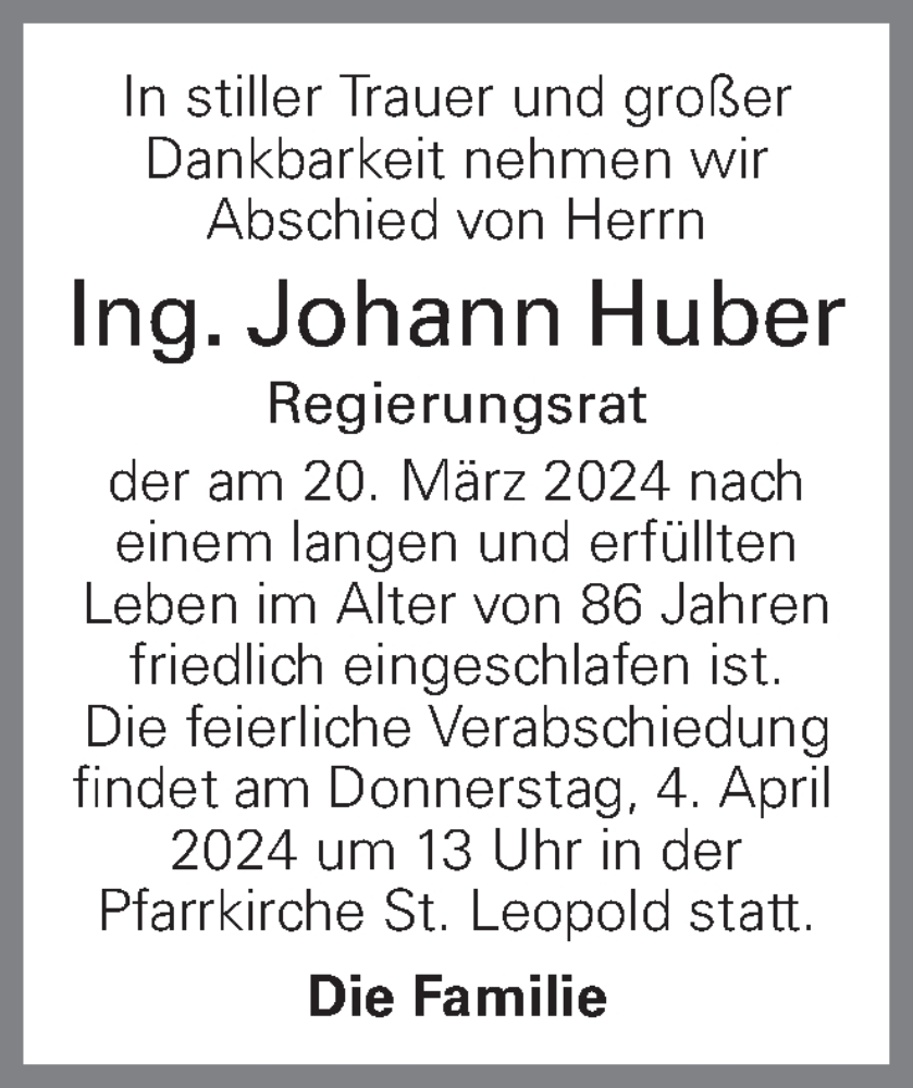  Traueranzeige für Johann Huber vom 29.03.2024 aus OÖNachrichten
