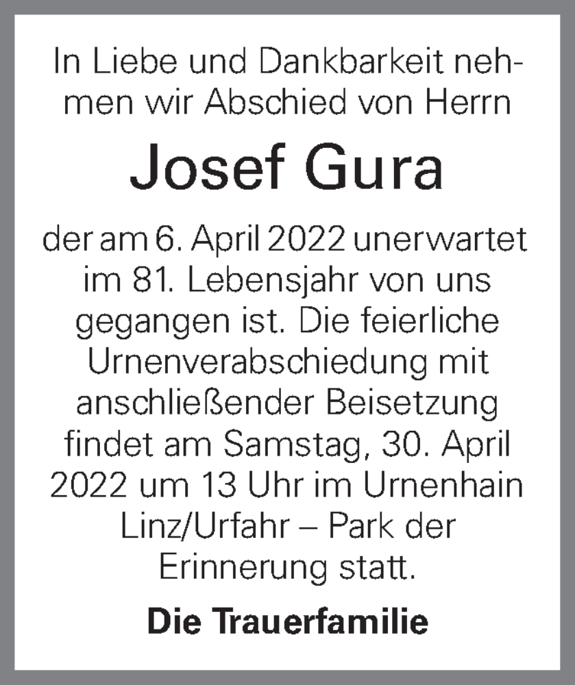  Traueranzeige für Josef Gura vom 23.04.2022 aus OÖNachrichten