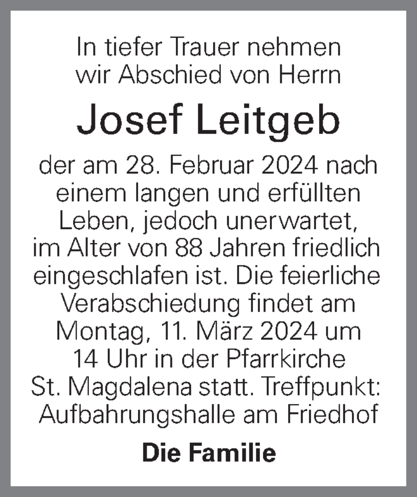  Traueranzeige für Josef Leitgeb vom 05.03.2024 aus OÖNachrichten