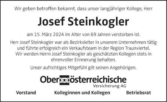 Traueranzeige von Josef Steinkogler von OÖNachrichten