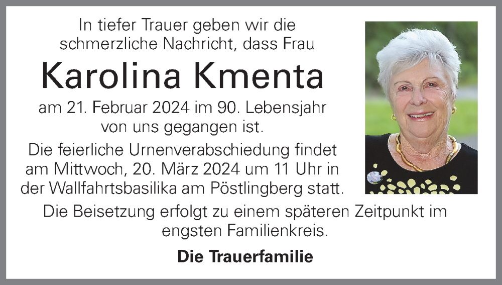  Traueranzeige für Karolina Kmenta vom 07.03.2024 aus OÖNachrichten
