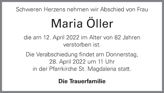 Traueranzeige von Maria Öller von OÖNachrichten