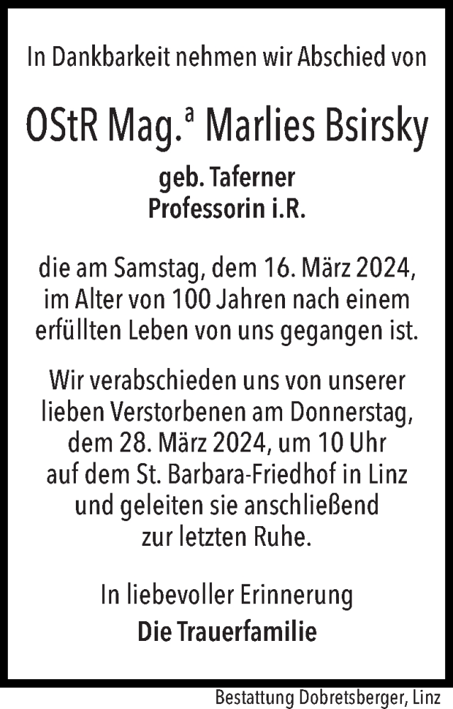  Traueranzeige für Marlies Bsirsky vom 21.03.2024 aus OÖNachrichten