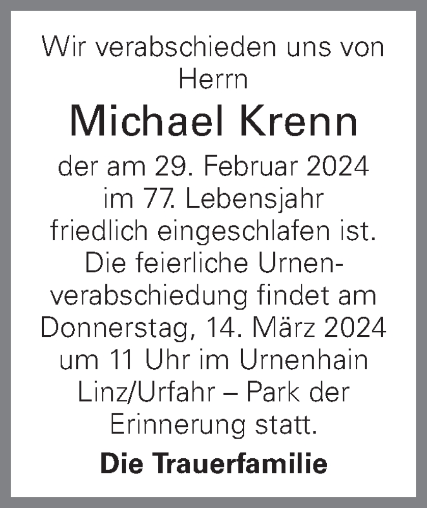  Traueranzeige für Michael Krenn vom 08.03.2024 aus OÖNachrichten