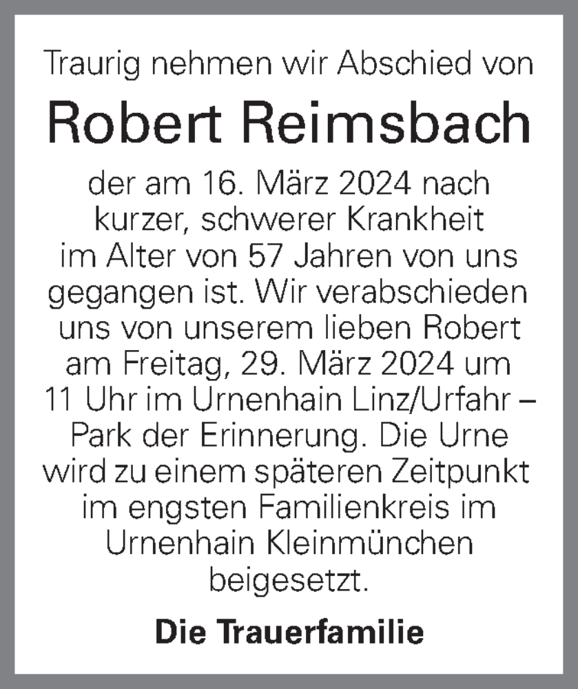  Traueranzeige für Robert Reimsbach vom 22.03.2024 aus OÖNachrichten