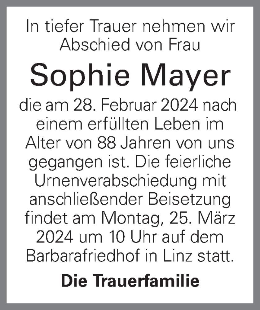  Traueranzeige für Sophie Mayer vom 18.03.2024 aus OÖNachrichten