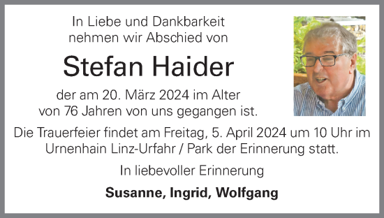 Traueranzeige von Stefan Haider von OÖNachrichten