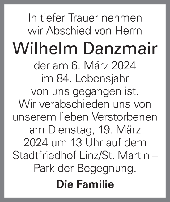 Traueranzeige von Wilhelm Danzmair von OÖNachrichten