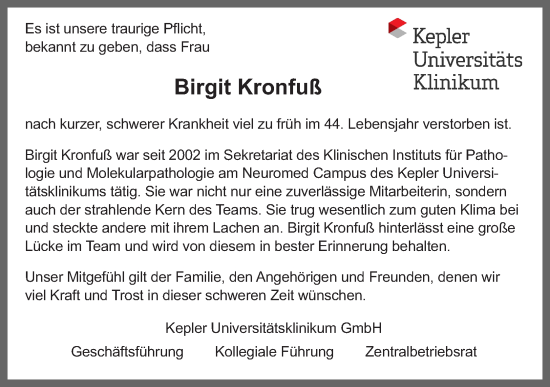 Traueranzeige von Birgit Kronfuß von OÖNachrichten