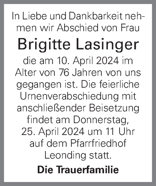 Traueranzeige von Brigitte Lasinger von OÖNachrichten