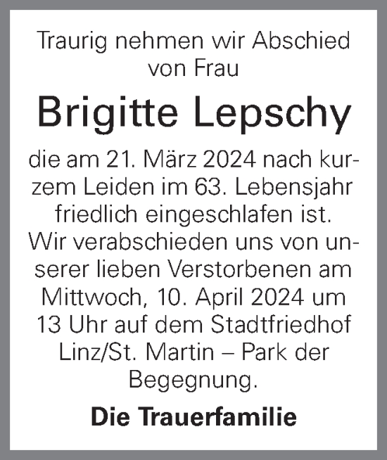 Traueranzeige von Brigitte Lepschy von OÖNachrichten