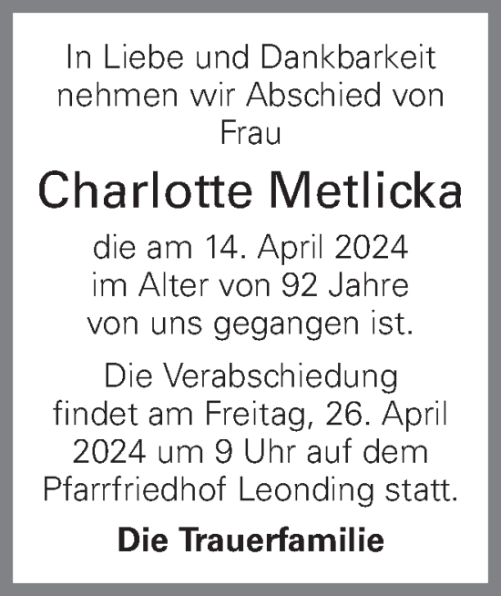 Traueranzeige von Charlotte Metlicka von OÖNachrichten