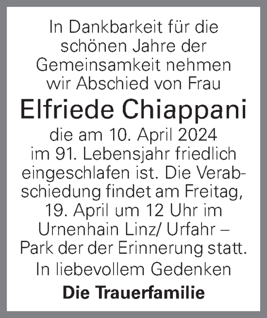 Traueranzeige von Elfriede Chiappani von OÖNachrichten