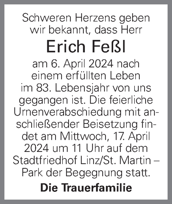 Traueranzeige von Erich Feßl von OÖNachrichten