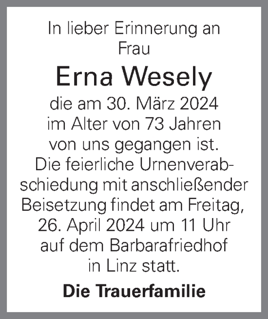 Traueranzeige von Erna Wesely von OÖNachrichten