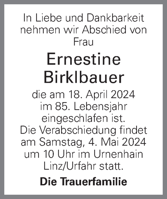 Traueranzeige von Ernestine Birklbauer von OÖNachrichten