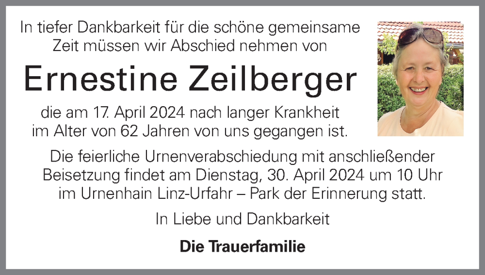  Traueranzeige für Ernestine Zeilberger vom 26.04.2024 aus OÖNachrichten