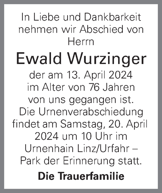 Traueranzeige von Ewald Wurzinger von OÖNachrichten