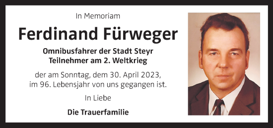 Traueranzeige von Ferdinand Fürweger von OÖNachrichten