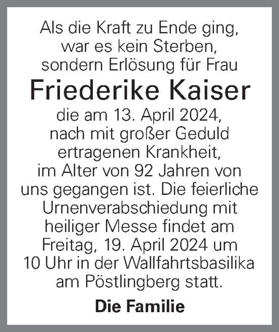 Traueranzeige von Friederike Kaiser von OÖNachrichten