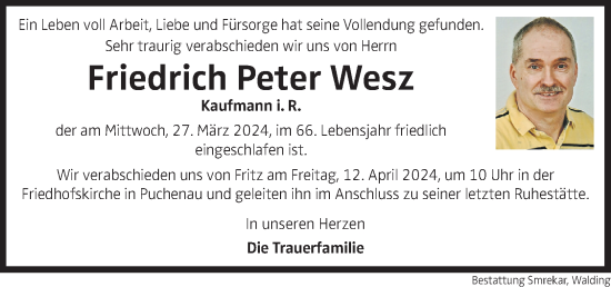 Traueranzeige von Friedrich Peter Wesz von OÖNachrichten