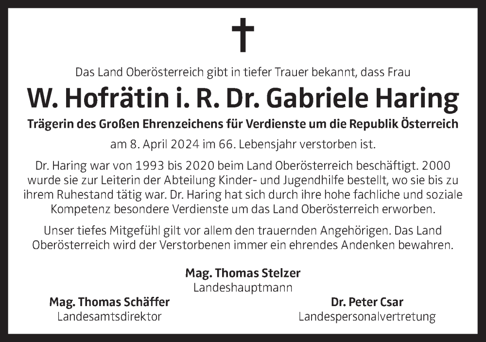  Traueranzeige für Gabriele Haring vom 11.04.2024 aus OÖNachrichten